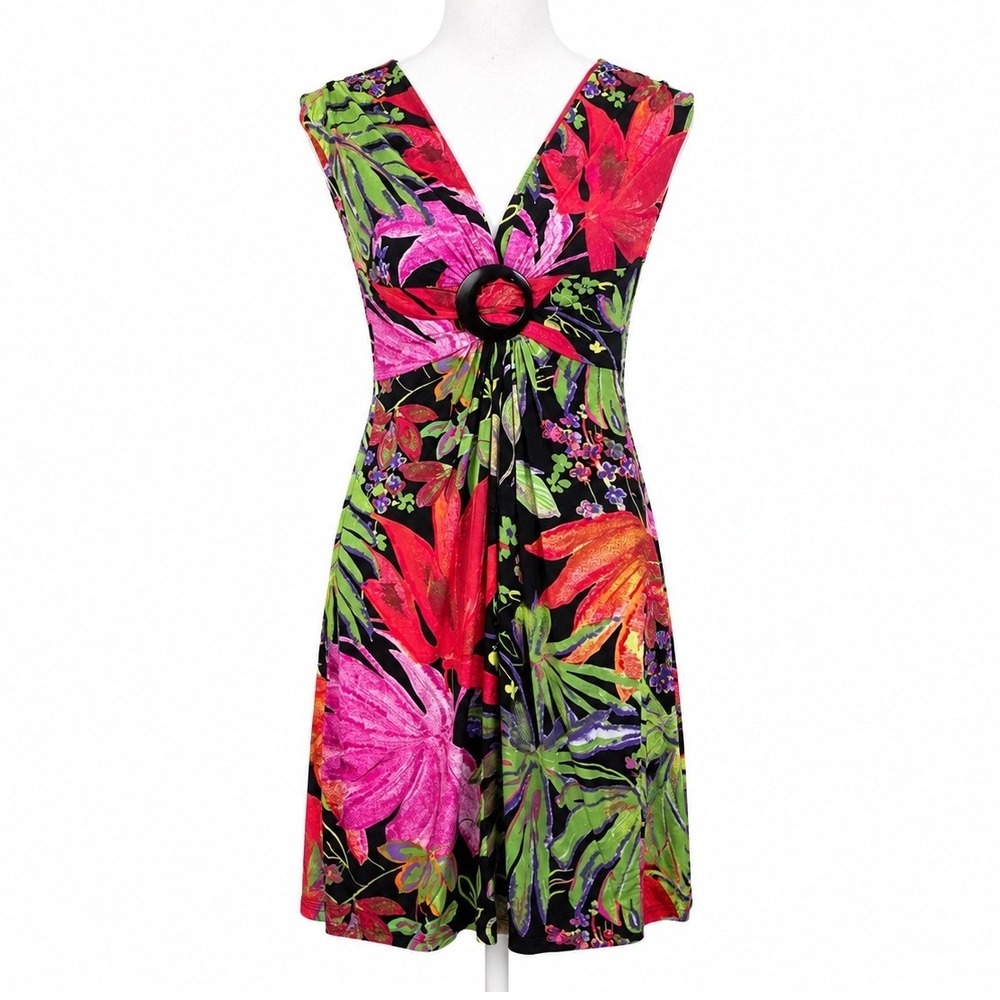 Cache Tropical Floral Sheath Dress Ruched Buckle Stretch Made USA Womens 8 Midi